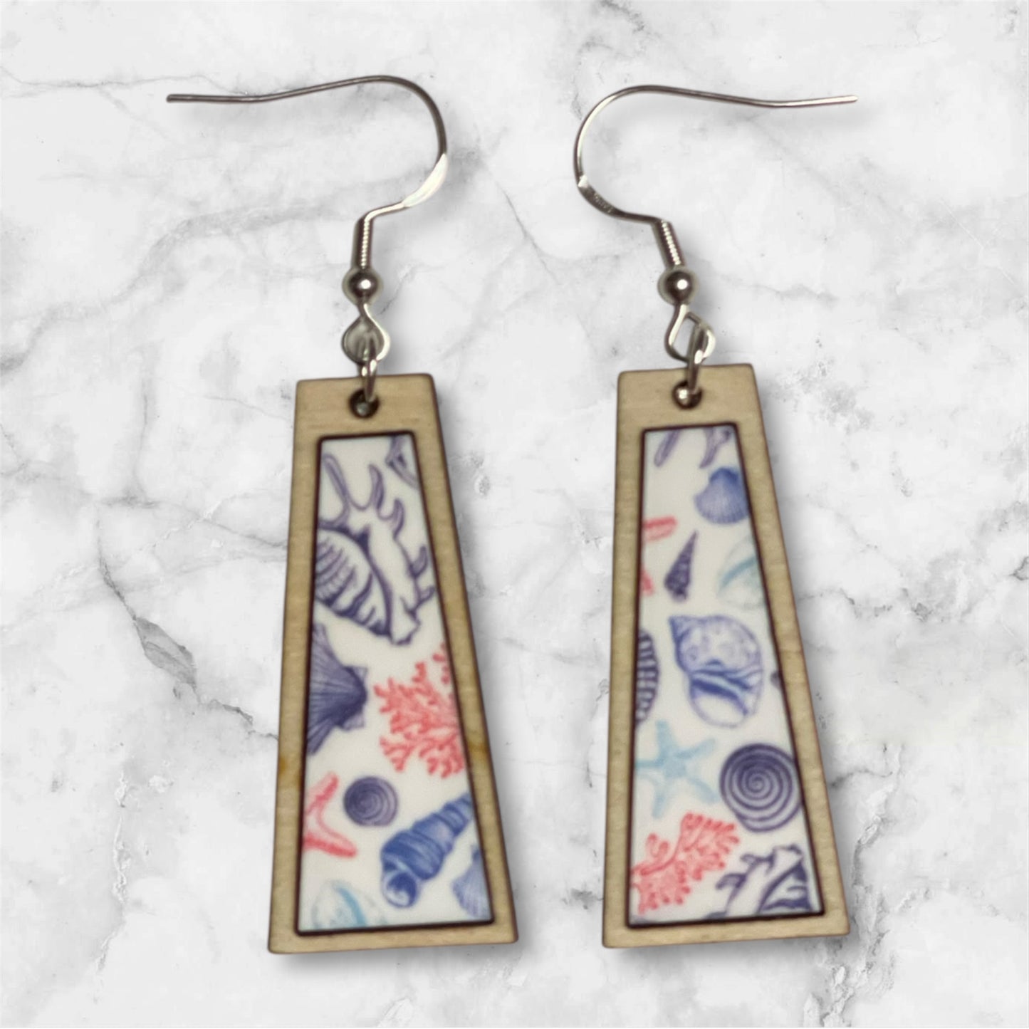 Inlay Acrylic and Wood Dangle Earrings - Angled Rectangle