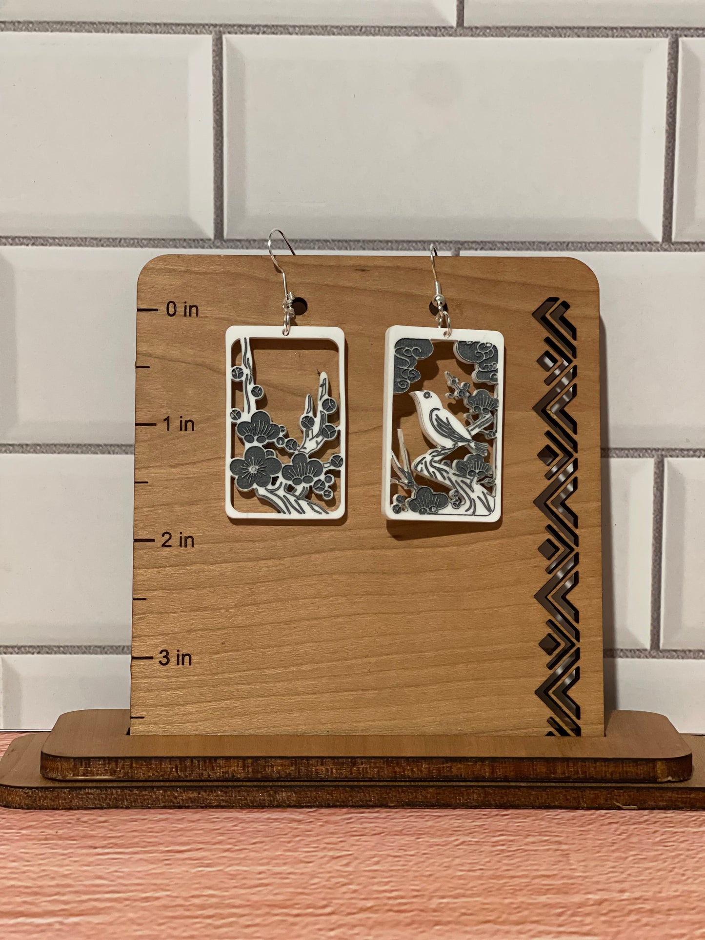Japanese "Hanafuda" style dangle earrings - "February 2" (Wood or Acrylic)