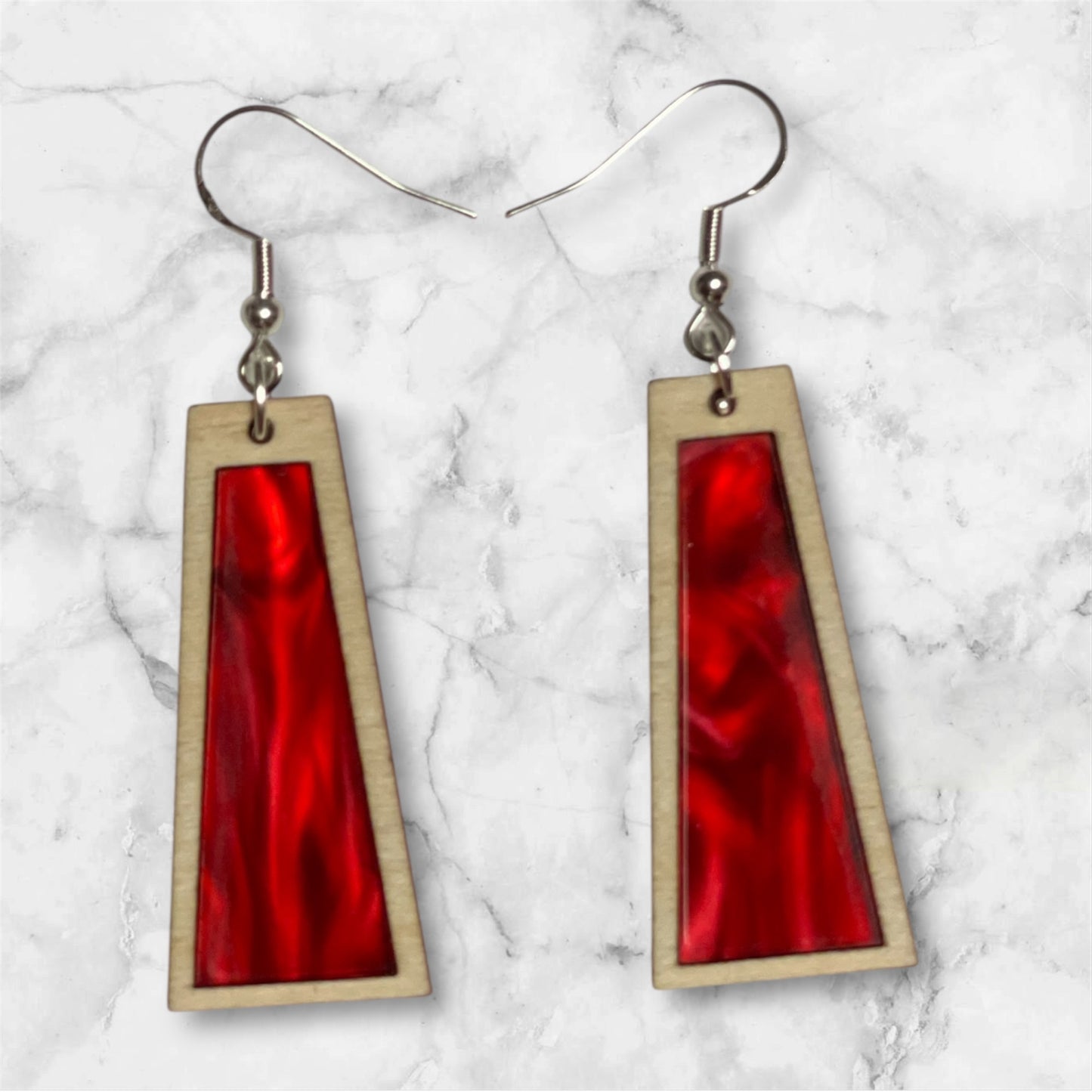 Inlay Acrylic and Wood Dangle Earrings - Angled Rectangle