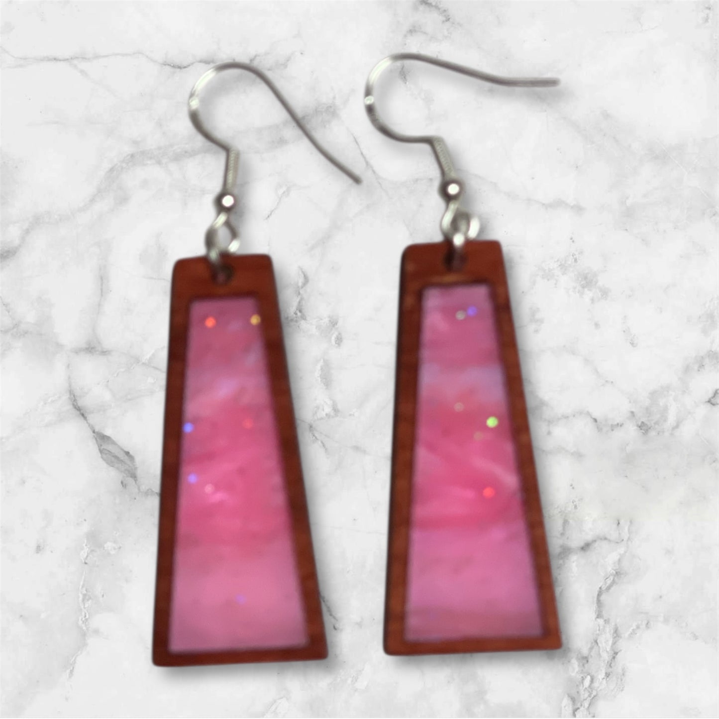 Inlay Acrylic and Wood Dangle Earrings - Angled Rectangle