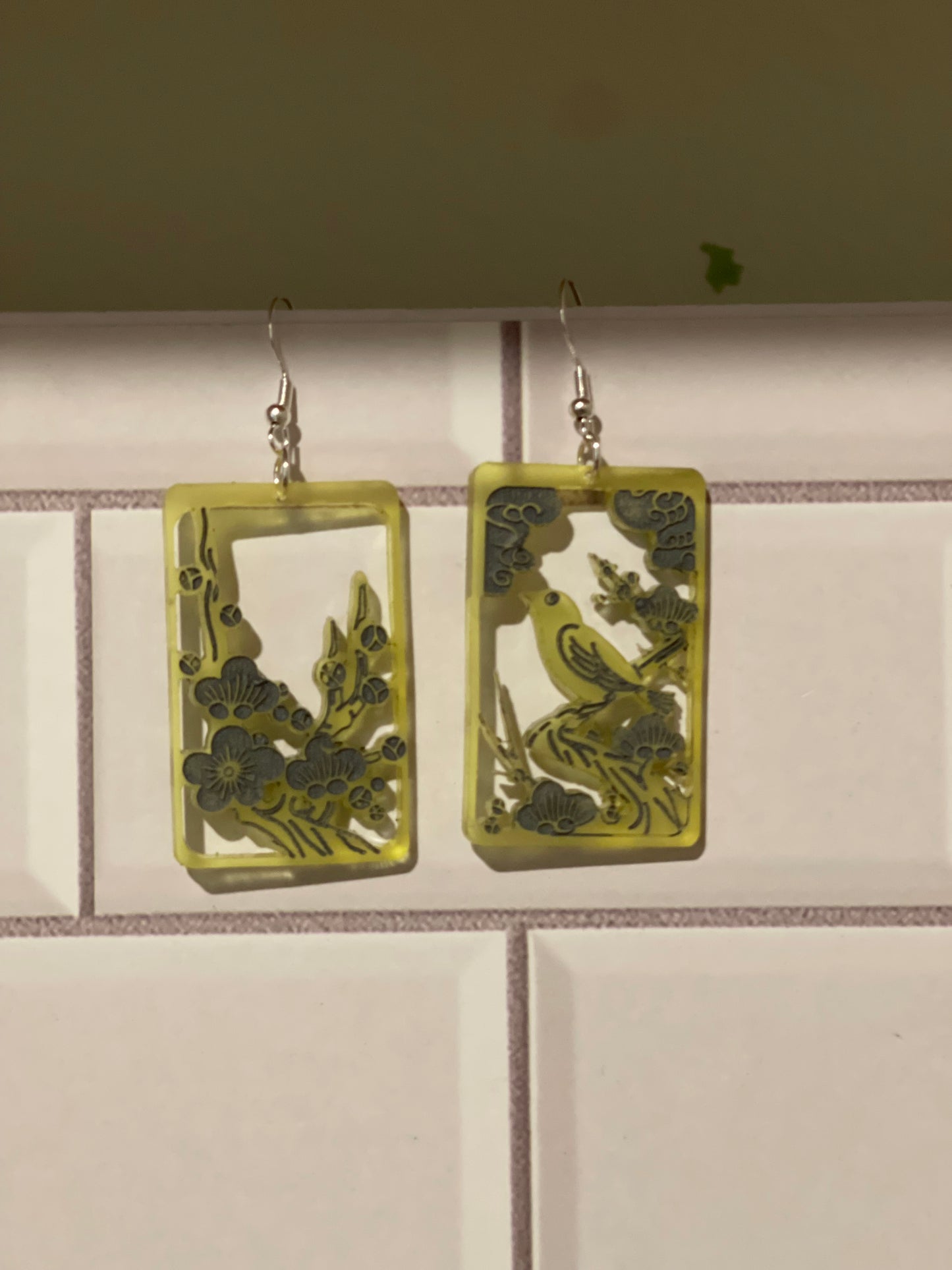 Japanese "Hanafuda" style dangle earrings - "February 2" (Wood or Acrylic)