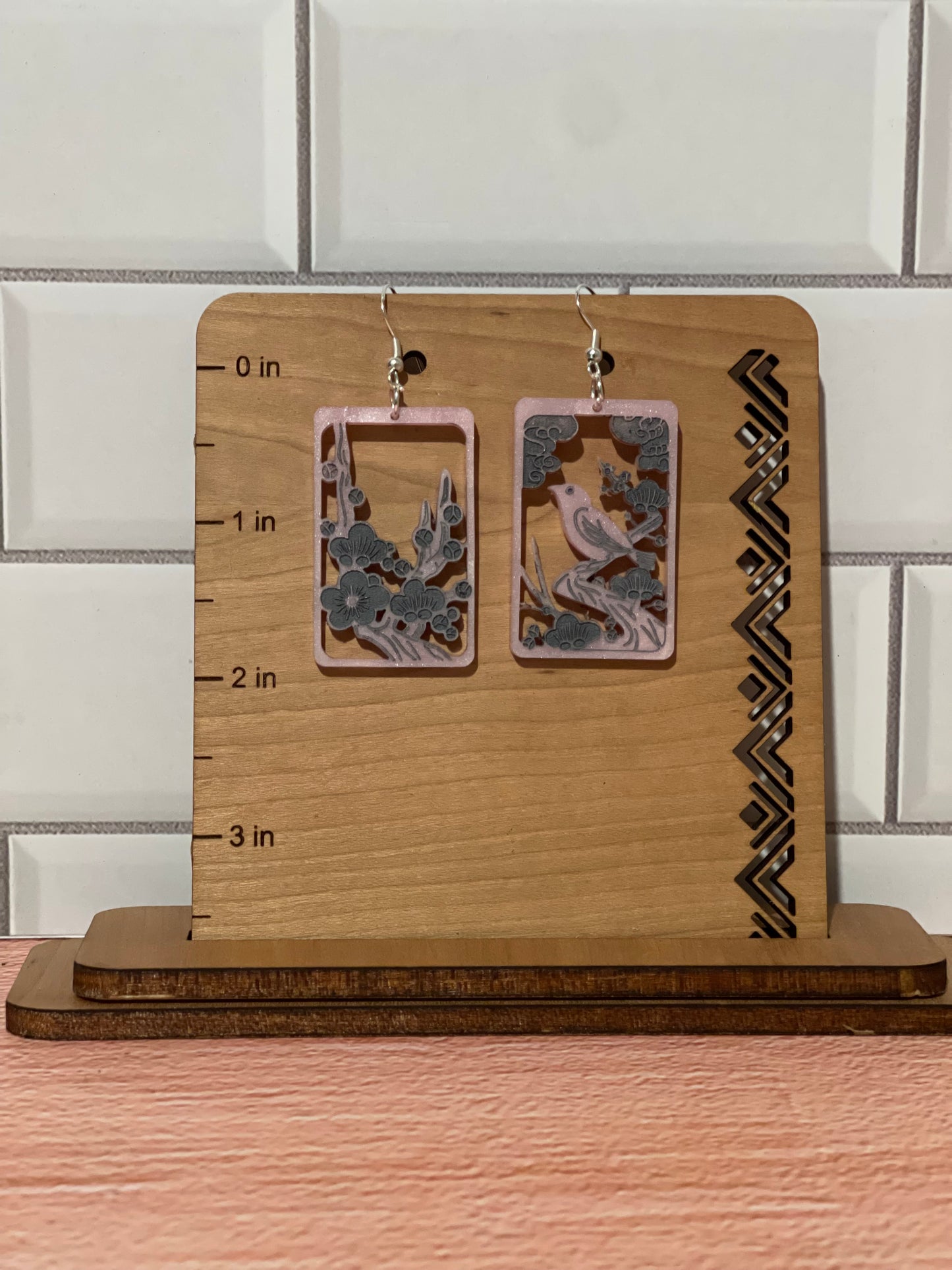Japanese "Hanafuda" style dangle earrings - "February 2" (Wood or Acrylic)