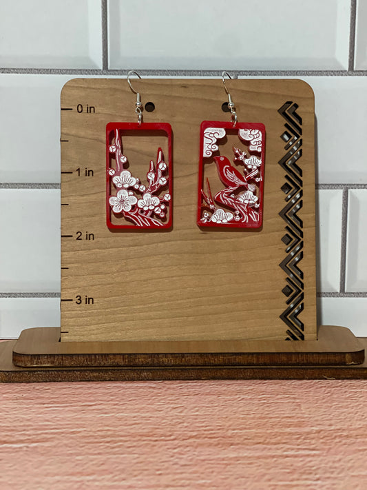 Japanese "Hanafuda" style dangle earrings - "February 2" (Wood or Acrylic)