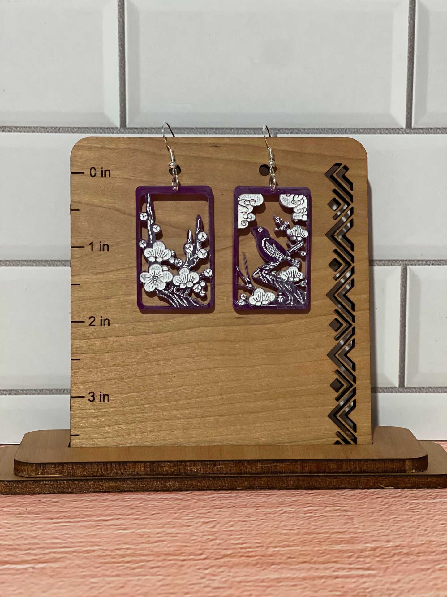 Japanese "Hanafuda" style dangle earrings - "February 2" (Wood or Acrylic)