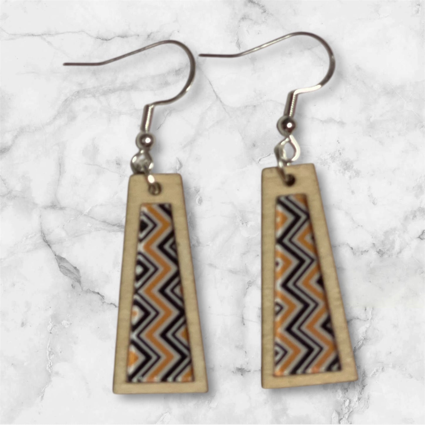 Inlay Acrylic and Wood Dangle Earrings - Angled Rectangle