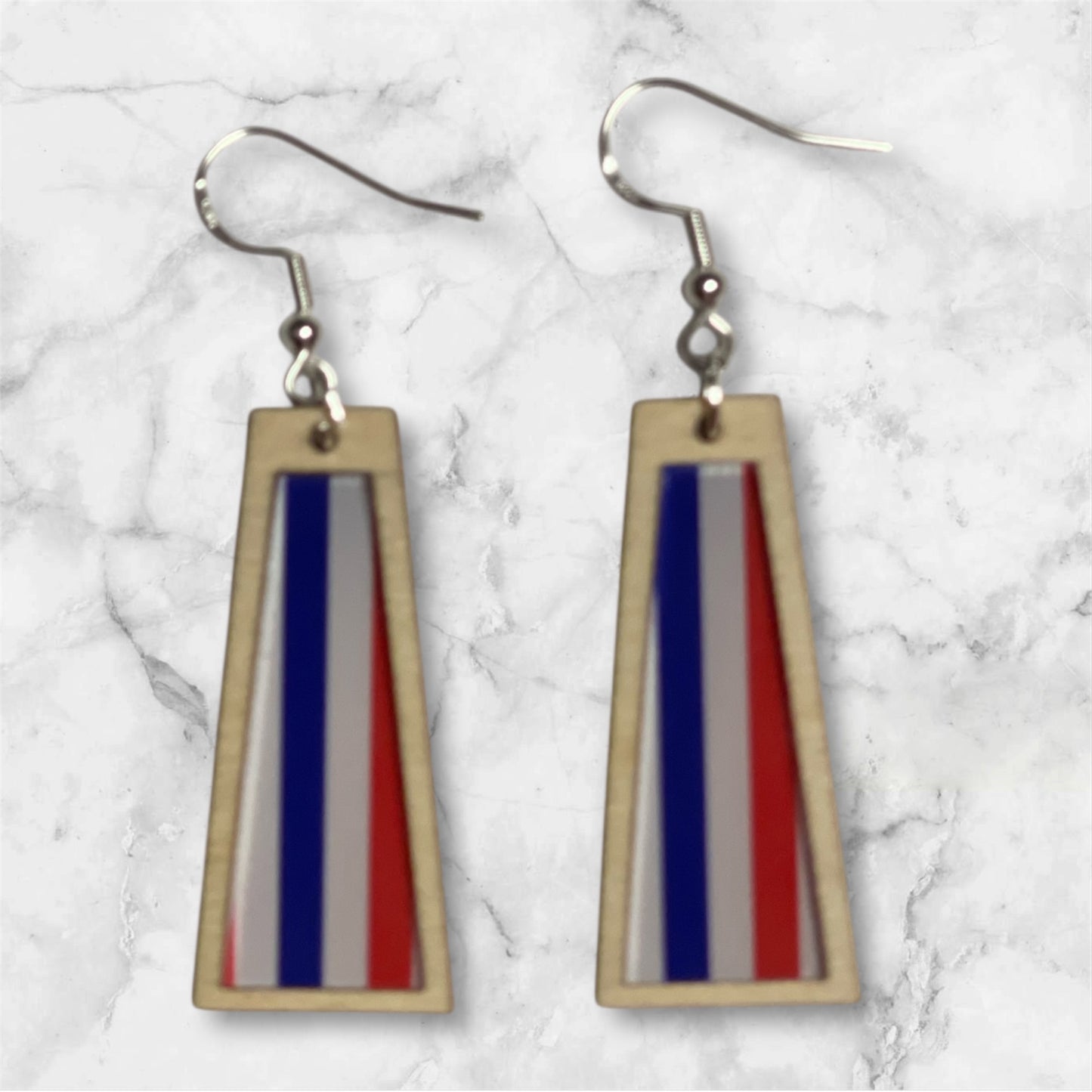 Inlay Acrylic and Wood Dangle Earrings - Angled Rectangle