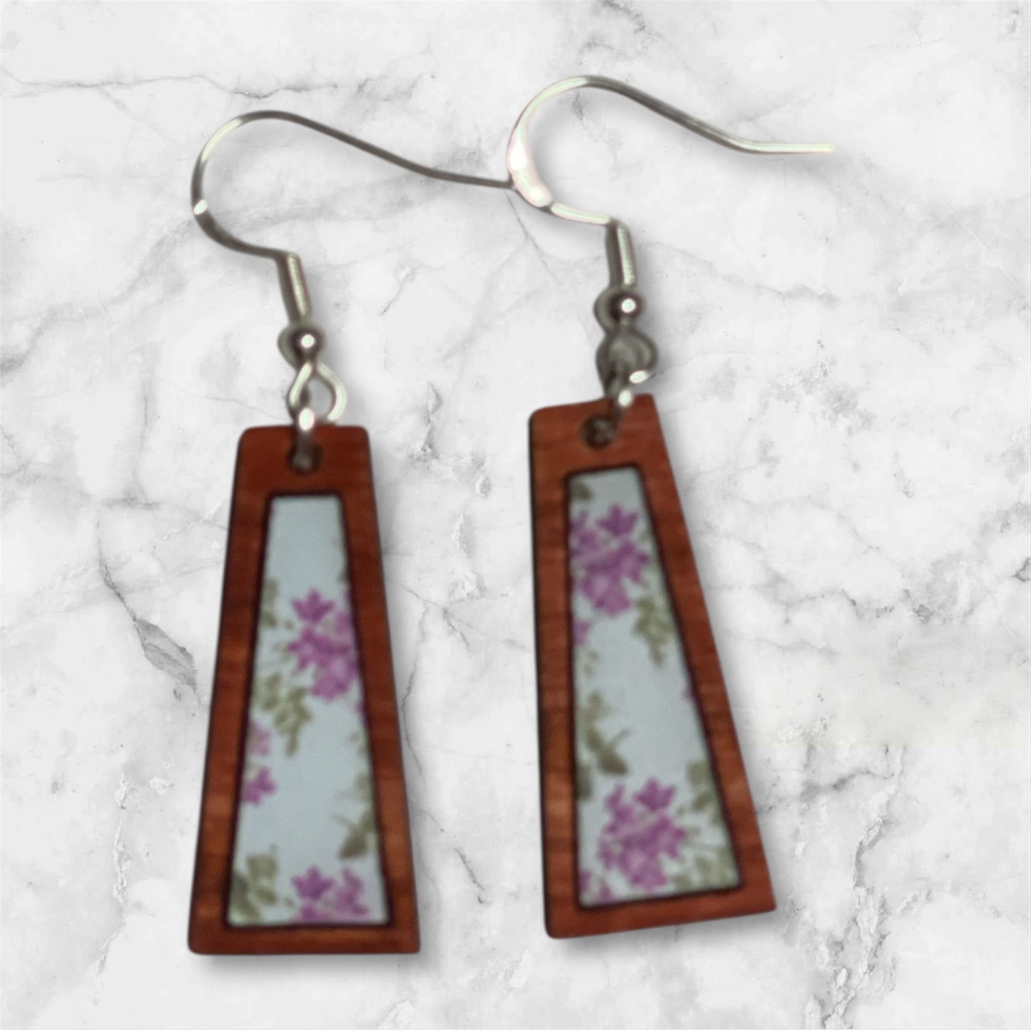 Inlay Acrylic and Wood Dangle Earrings - Angled Rectangle