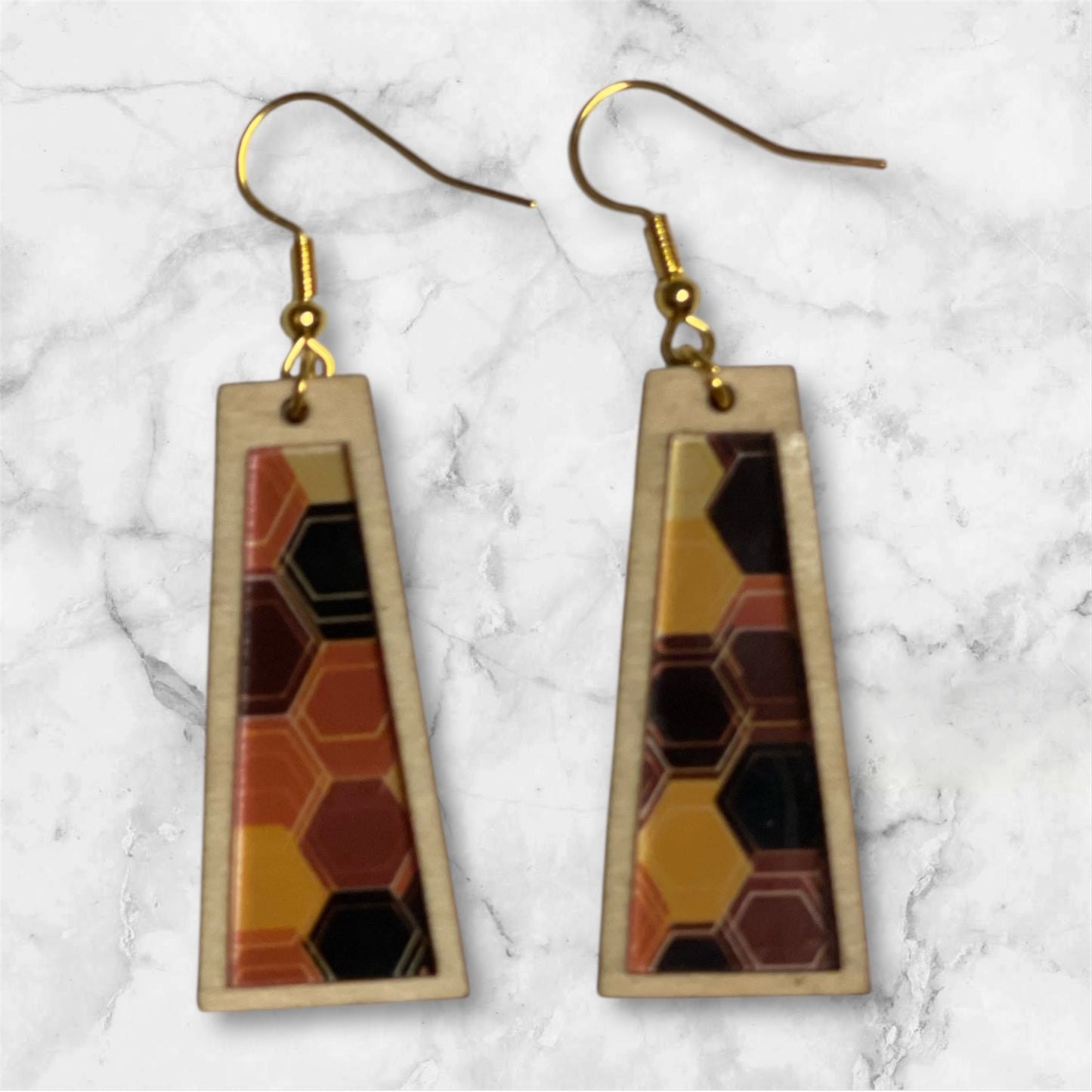 Inlay Acrylic and Wood Dangle Earrings - Angled Rectangle