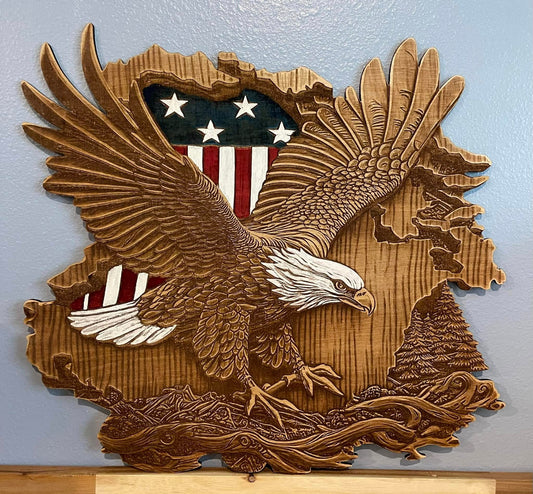 3D Bald Eagle, USA Flag, Laser engraved wall hanging