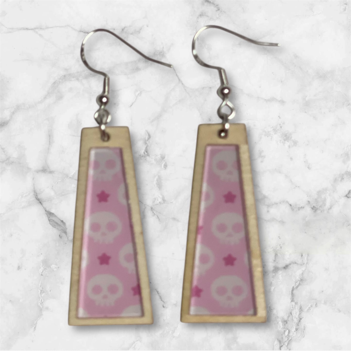 Inlay Acrylic and Wood Dangle Earrings - Angled Rectangle