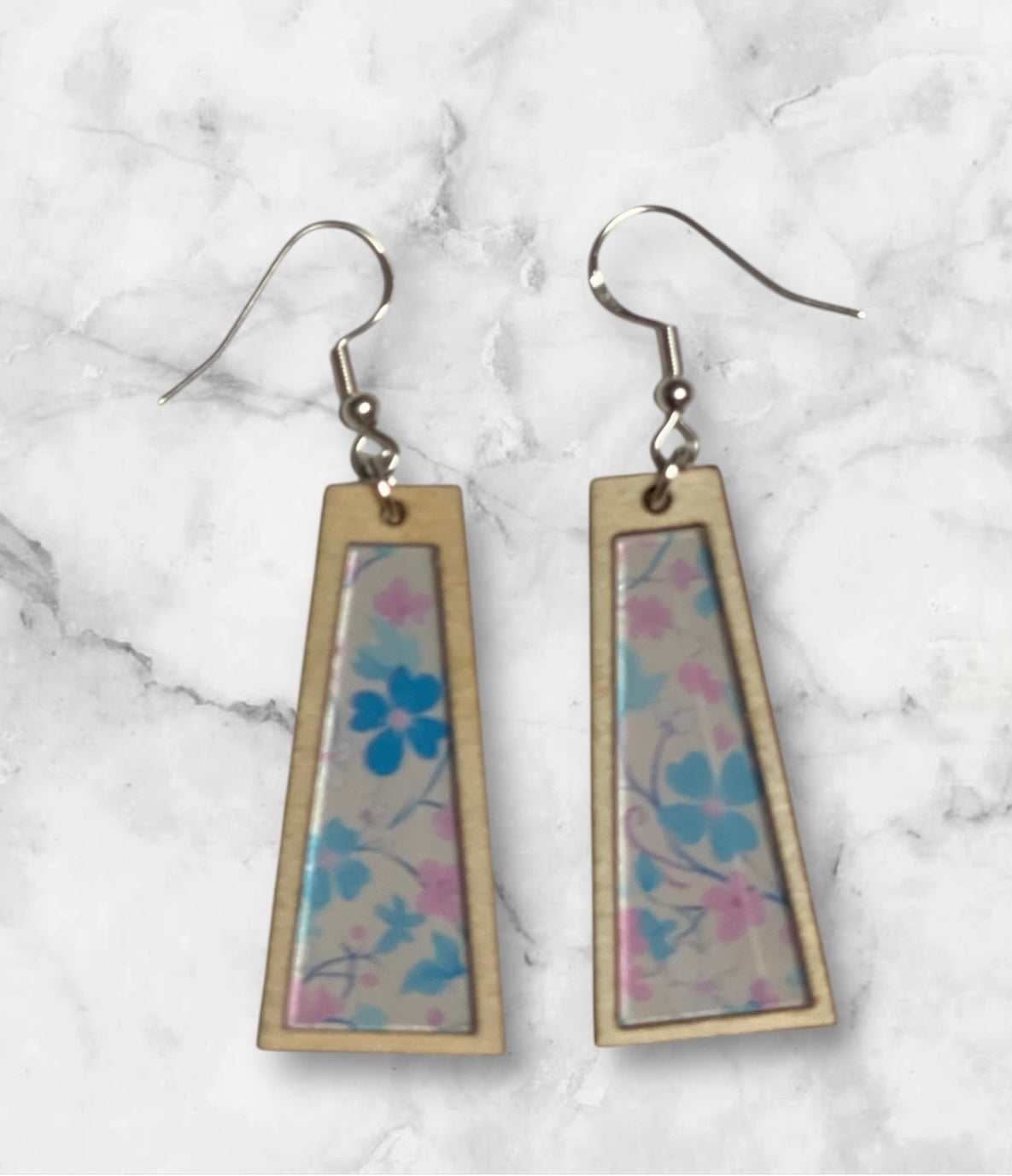 Inlay Acrylic and Wood Dangle Earrings - Angled Rectangle