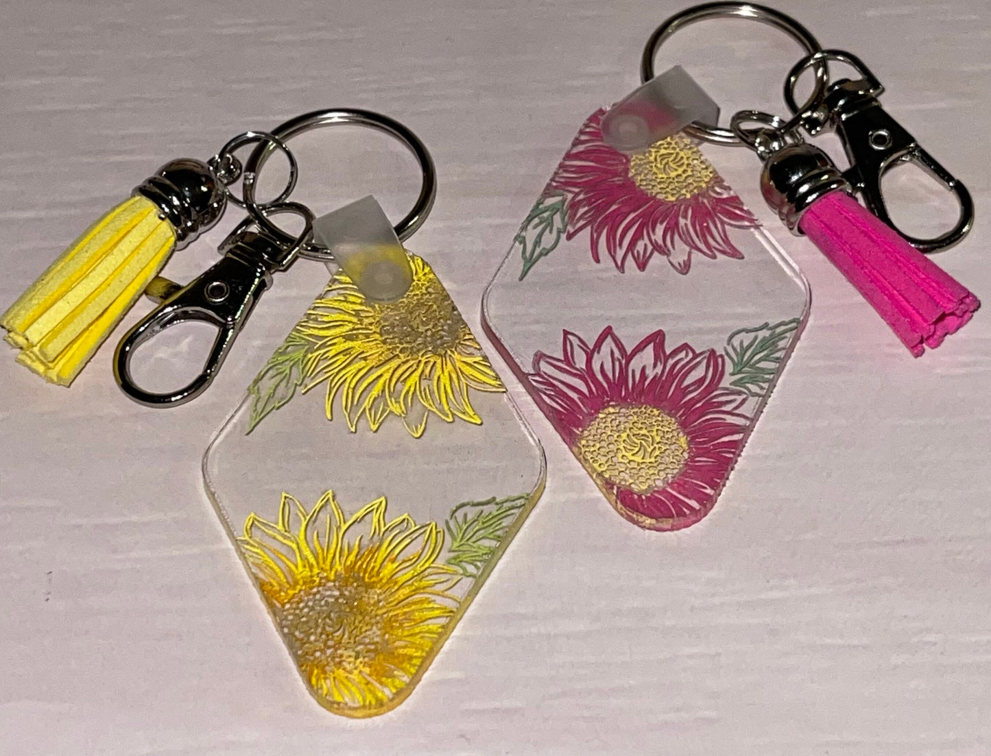 Sunflower Keychain, Engraved and Hand-painted Acrylic, Tassel, Lobster Claw Clasp, Lightweight