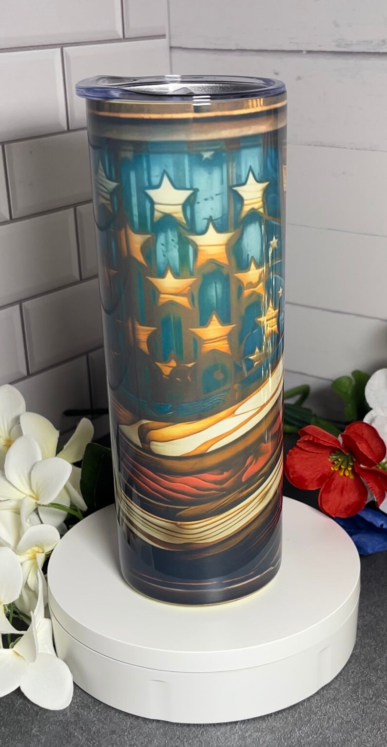 Distressed Wood American Flag, 20 oz Tumbler with lid and straw, insulated and anti-skid silicone bottom