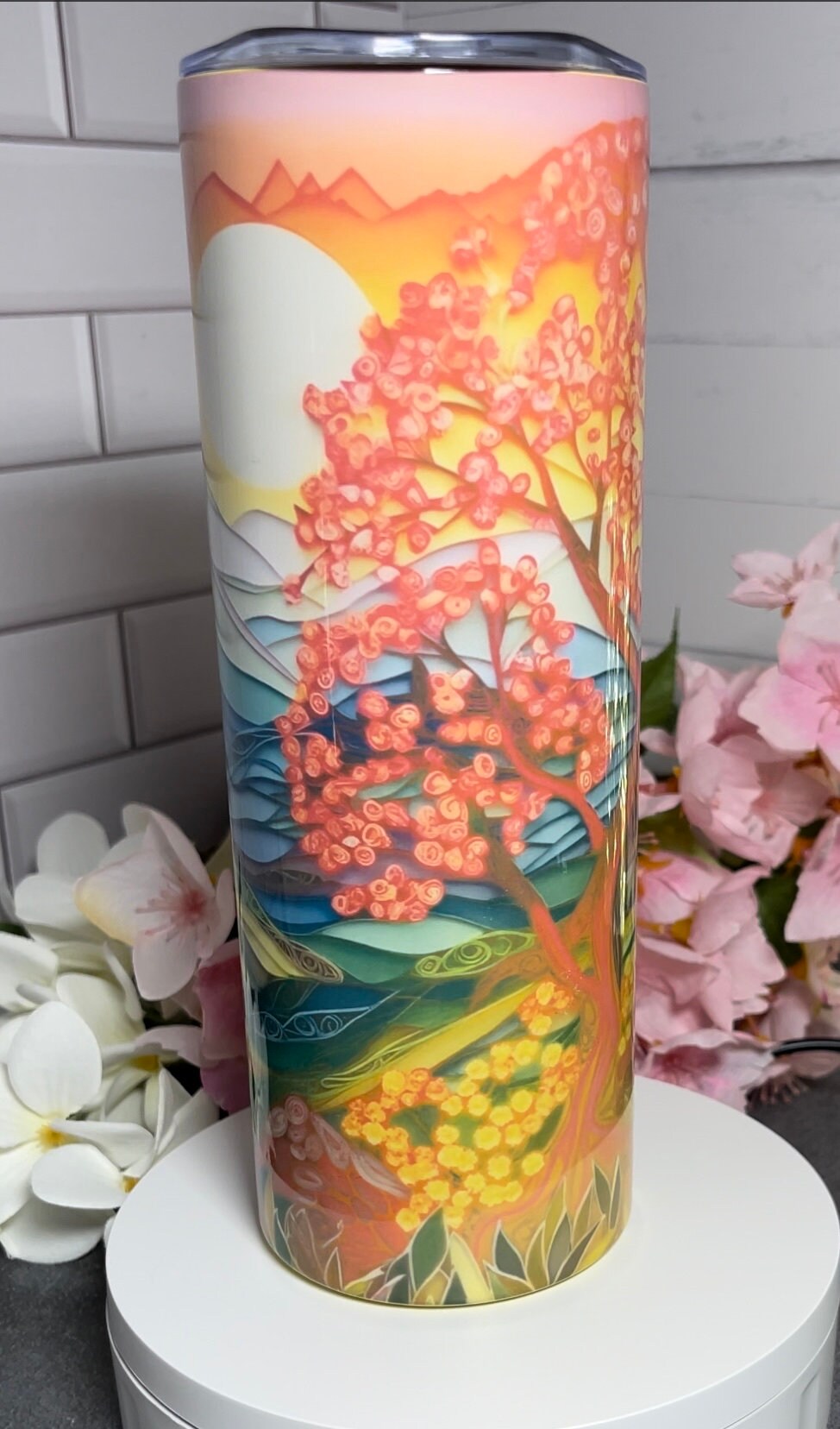 Cherry Blossom Tree, 20 oz Tumbler with lid and straw, Paper Quilling, insulated and anti-skid silicone bottom