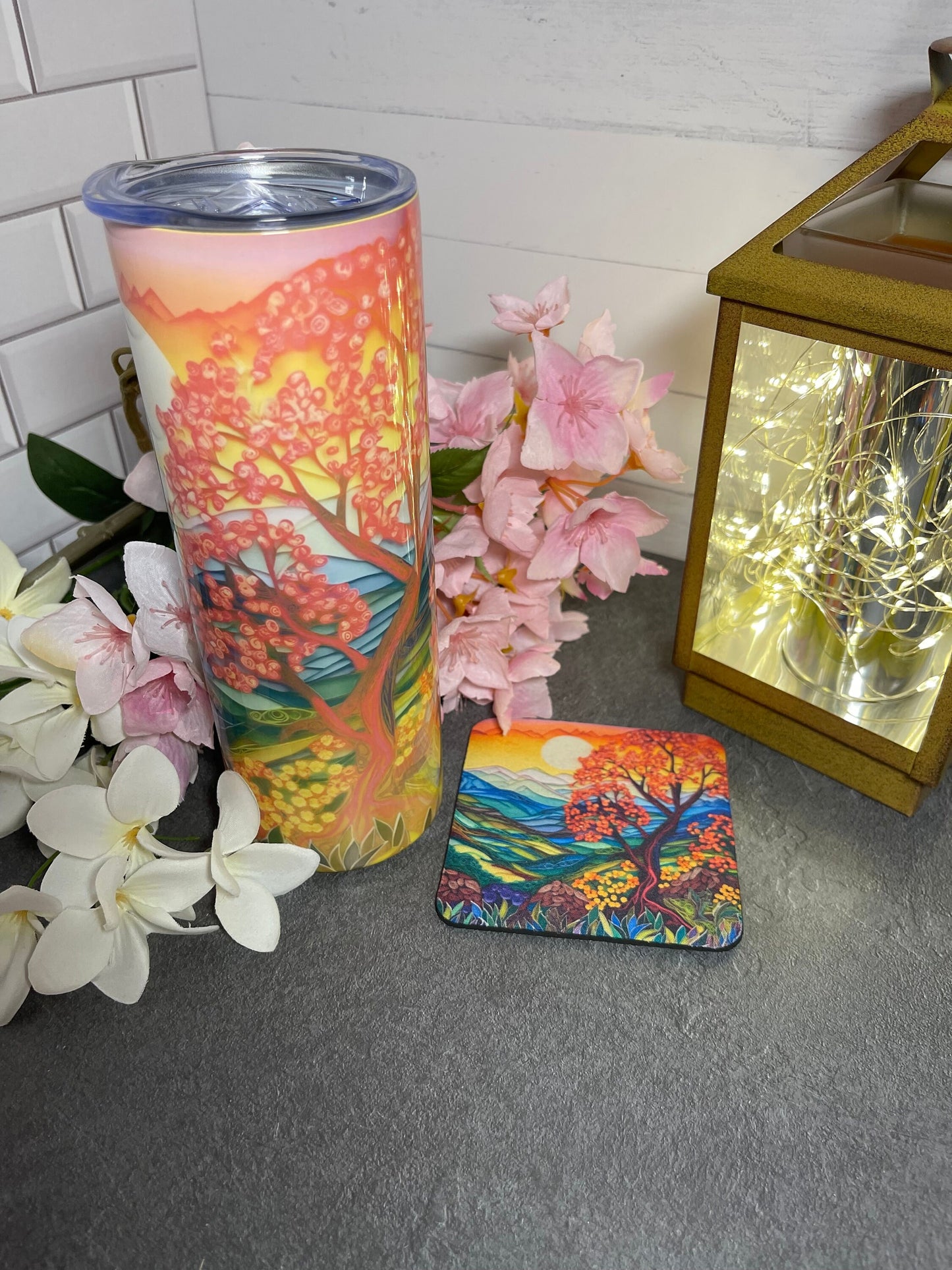 Cherry Blossom Tree, 20 oz Tumbler with lid and straw, Paper Quilling, insulated and anti-skid silicone bottom