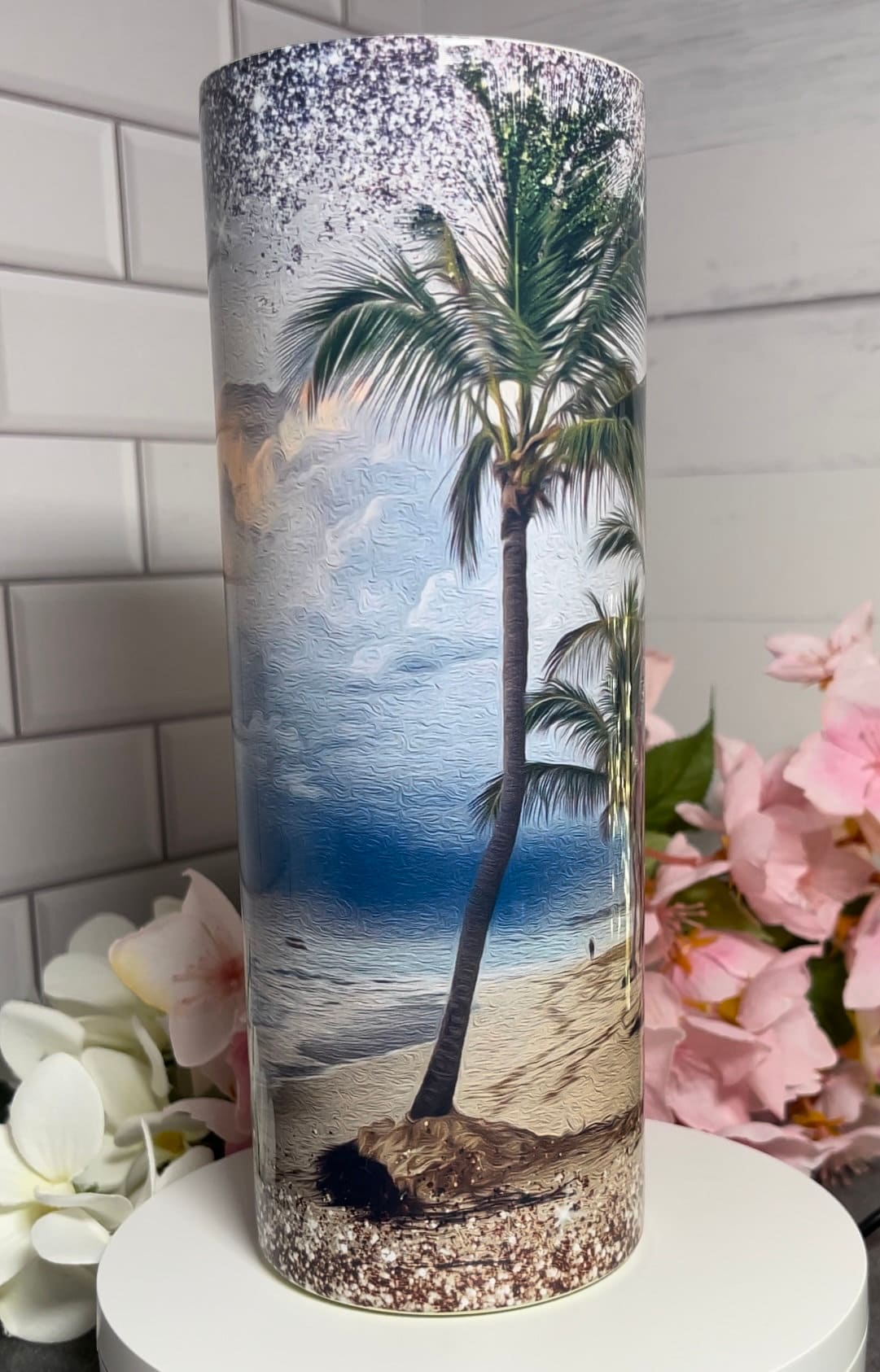 Glittery Beach, 20 oz Tumbler with lid and straw, Palm Trees, insulated, anti-skid silicone bottom, optional matching coaster