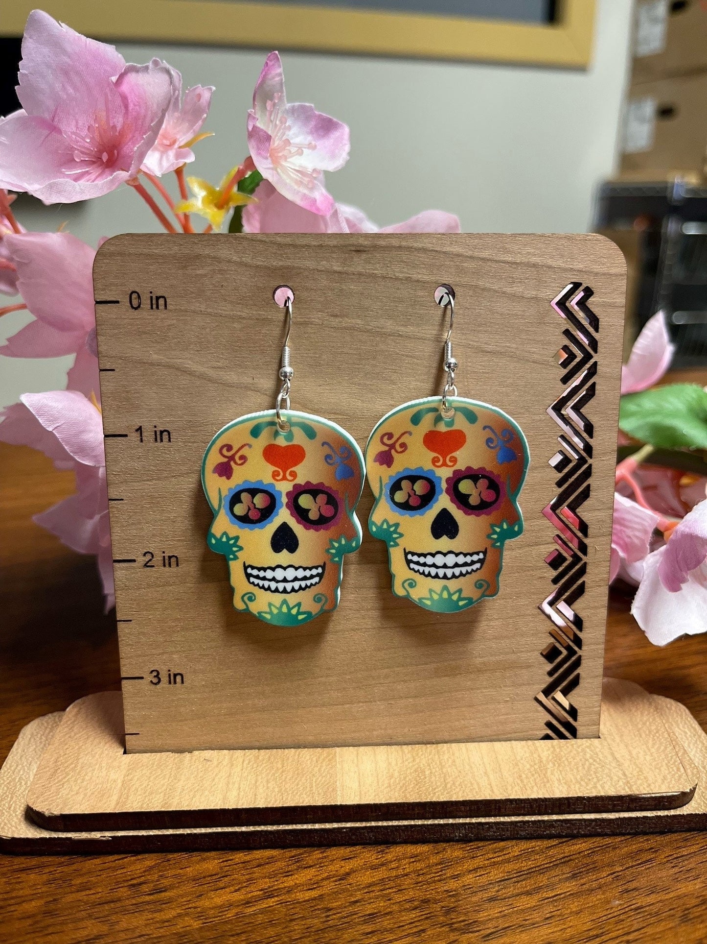 Sugar skull dangle earrings, Day of the Dead, skeleton, laser cut acrylic, durable, waterproof, scratch resistant, colorful, sublimated