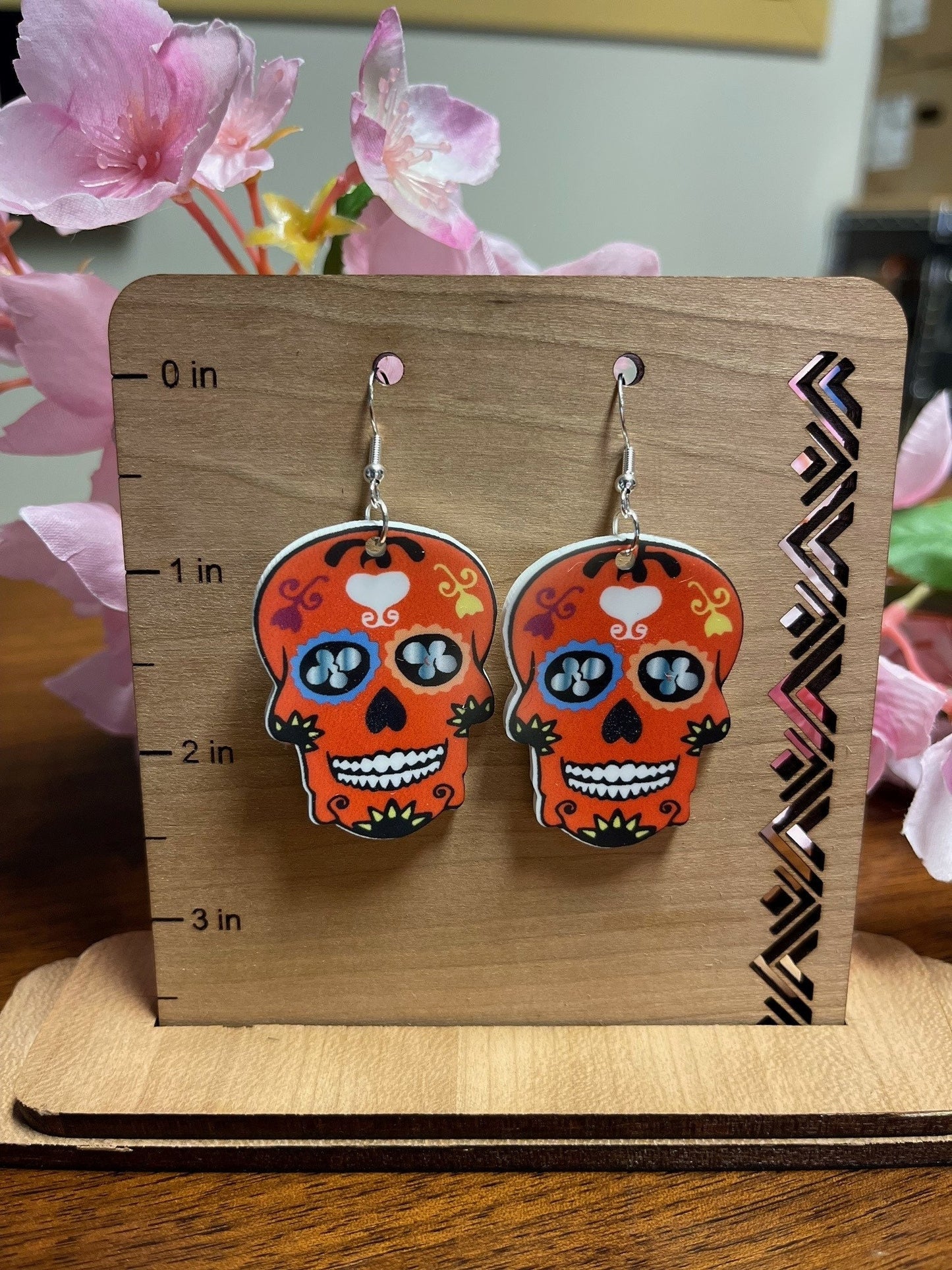 Sugar skull dangle earrings, Day of the Dead, skeleton, laser cut acrylic, durable, waterproof, scratch resistant, colorful, sublimated
