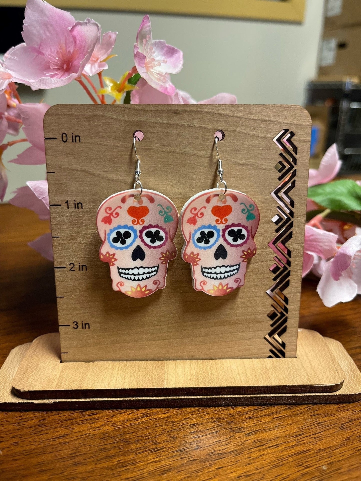 Sugar skull dangle earrings, Day of the Dead, skeleton, laser cut acrylic, durable, waterproof, scratch resistant, colorful, sublimated