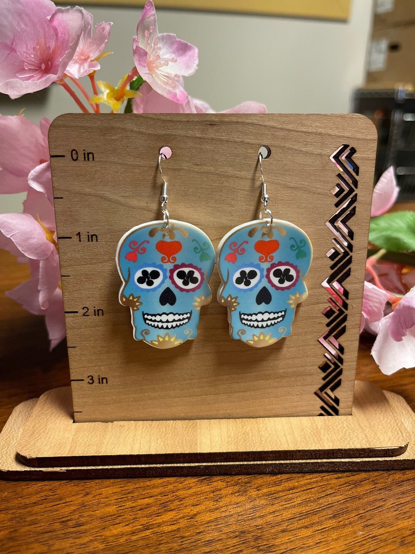 Sugar skull dangle earrings, Day of the Dead, skeleton, laser cut acrylic, durable, waterproof, scratch resistant, colorful, sublimated