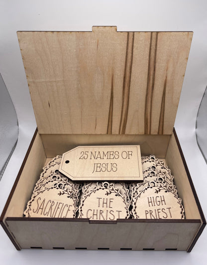 25 Names of Jesus ornaments, laser cut, Son of God, optional storage box, wood