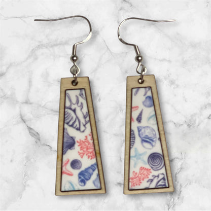 Inlay Acrylic and Wood Dangle Earrings - Angled Rectangle