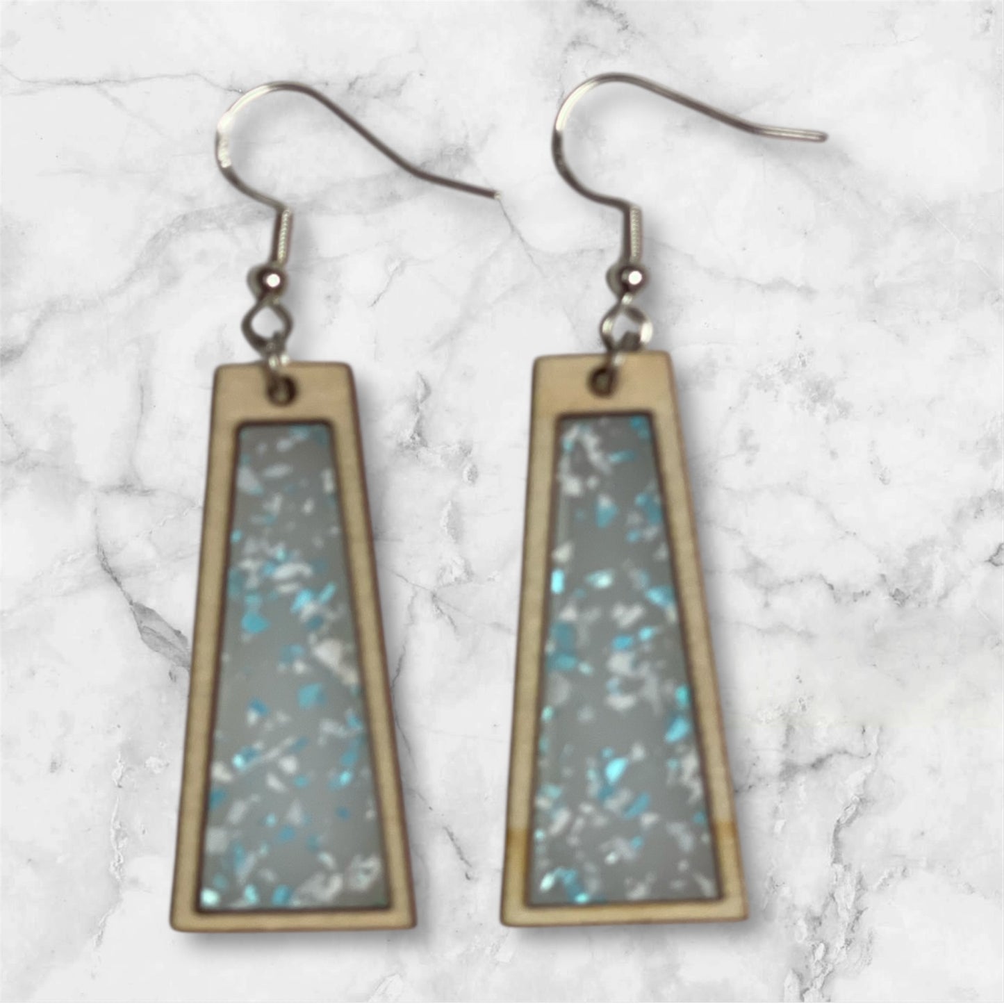 Inlay Acrylic and Wood Dangle Earrings - Angled Rectangle