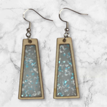 Inlay Acrylic and Wood Dangle Earrings - Angled Rectangle