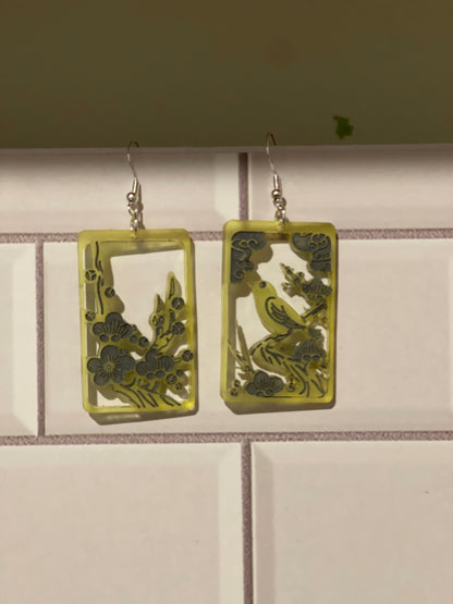 Japanese "Hanafuda" style dangle earrings - "February 2" (Wood or Acrylic)
