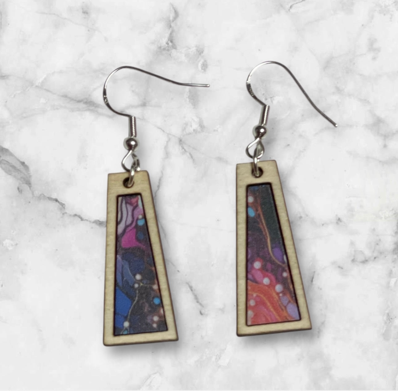 Inlay Acrylic and Wood Dangle Earrings - Angled Rectangle