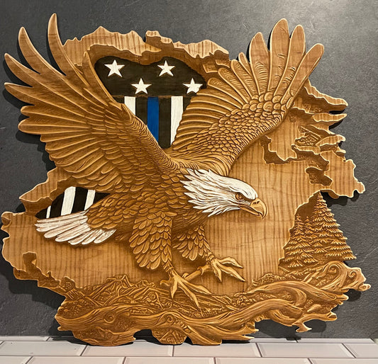 3D Bald Eagle, Thin Blue Line Flag, Laser Engraved Wall Art