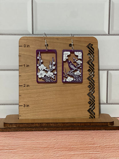 Japanese "Hanafuda" style dangle earrings - "February 2" (Wood or Acrylic)