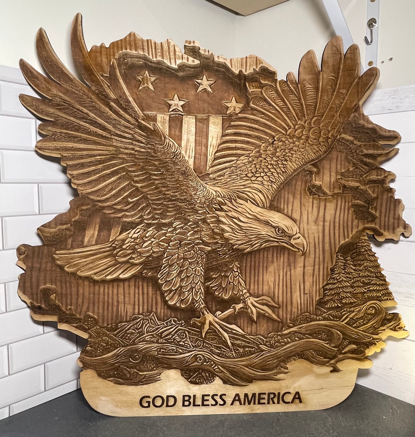 3D Bald Eagle, USA Flag, Laser engraved wall hanging