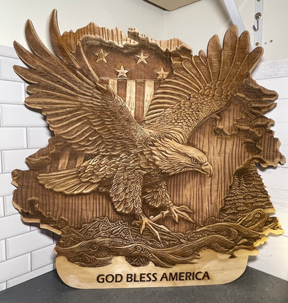 3D Bald Eagle, USA Flag, Laser engraved wall hanging