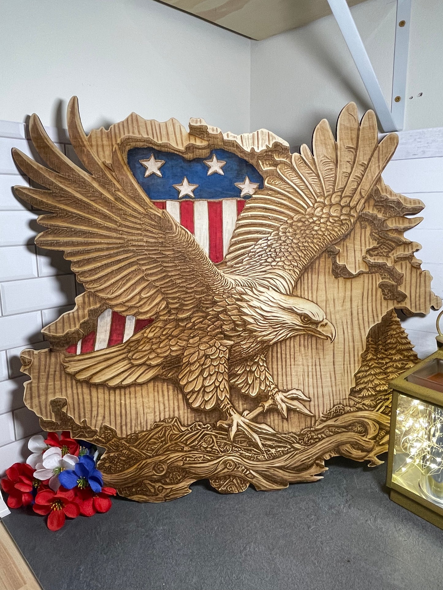 3D Bald Eagle, USA Flag, Laser engraved wall hanging