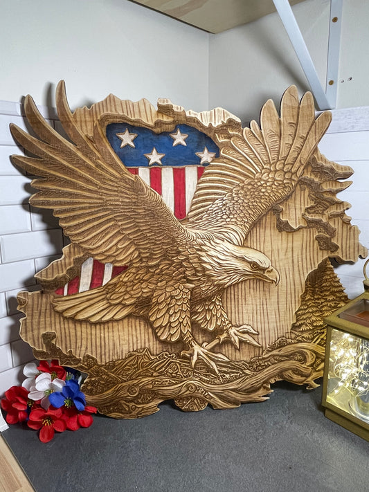 3D Bald Eagle, USA Flag, Laser engraved wall hanging