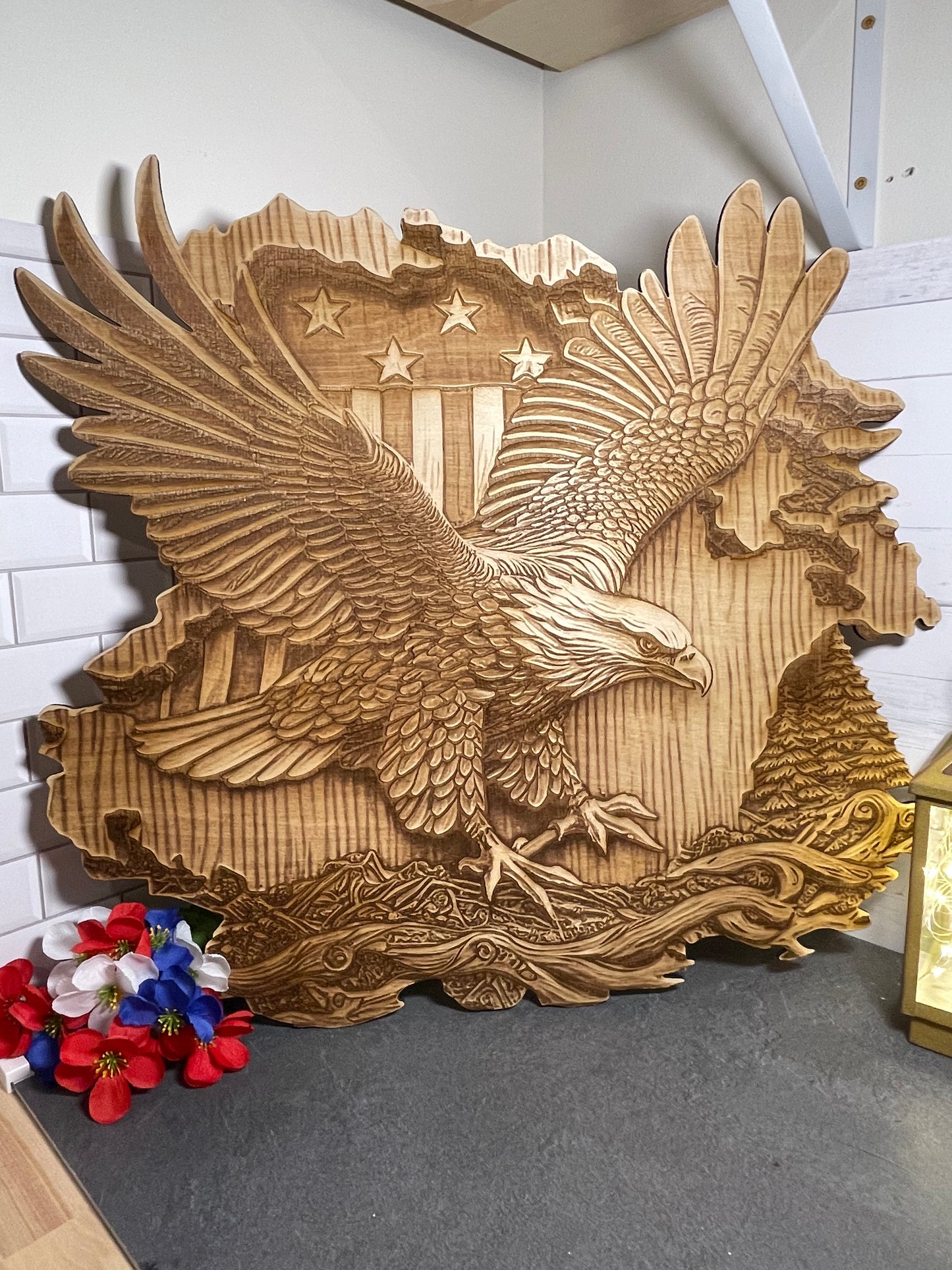 3D Bald Eagle, USA Flag, Laser engraved wall hanging