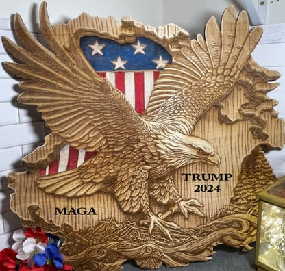 Trump MAGA 3D Bald Eagle, USA Flag, Laser engraved wall hanging