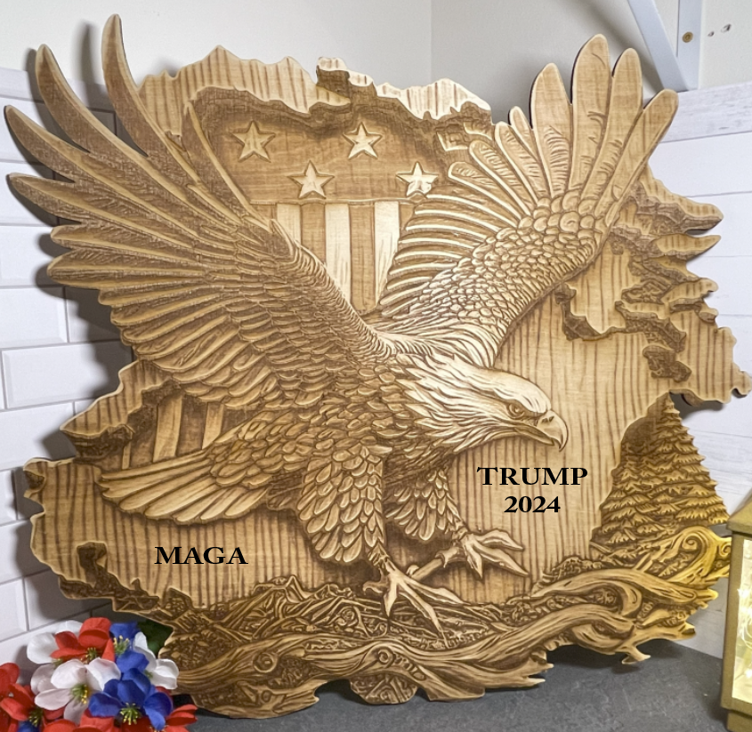 Trump MAGA 3D Bald Eagle, USA Flag, Laser engraved wall hanging