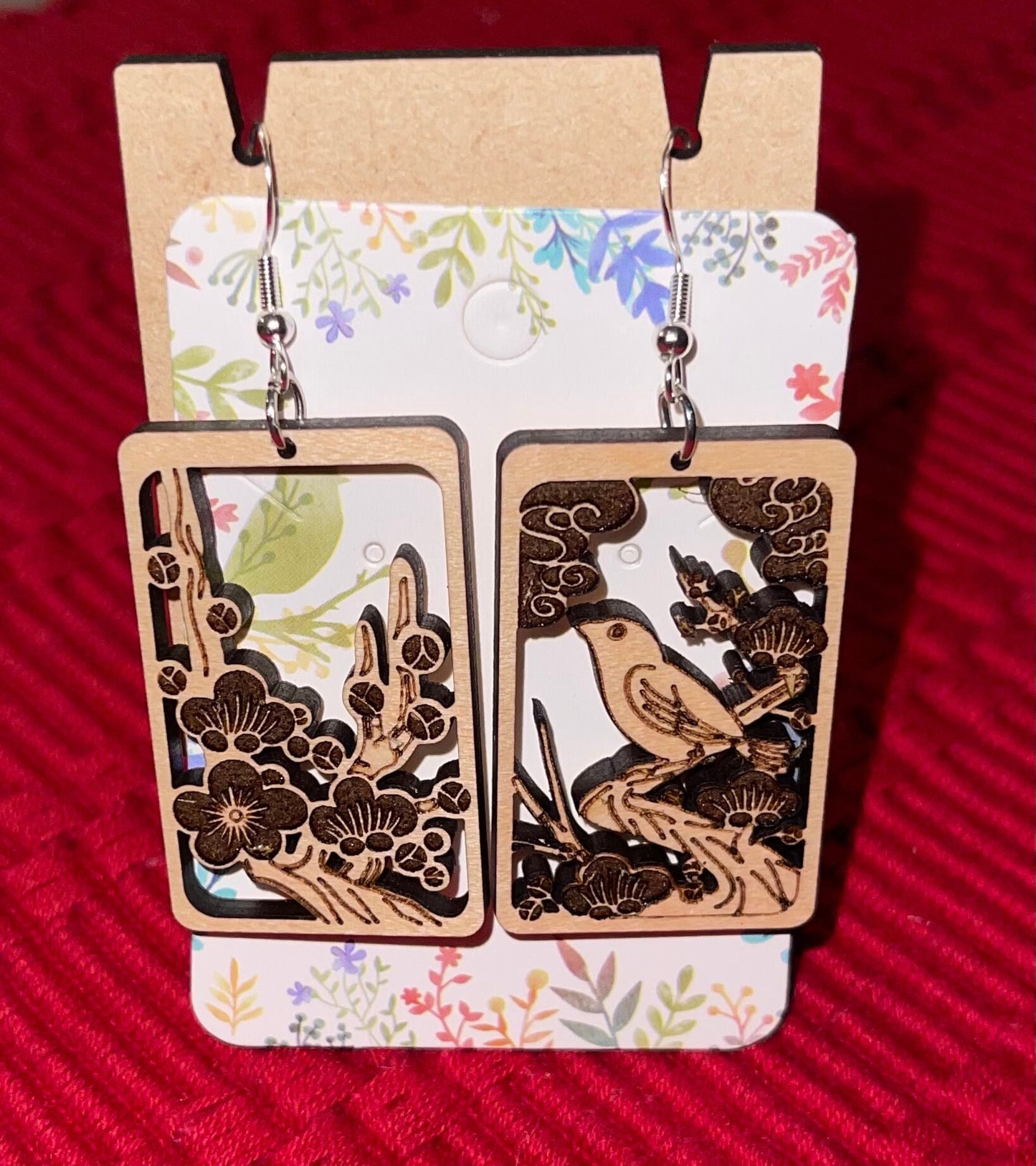 Wood Japanese "Hanafuda" style dangle earrings - "February 2"