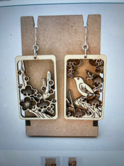 Wood Japanese "Hanafuda" style dangle earrings - "February 2"