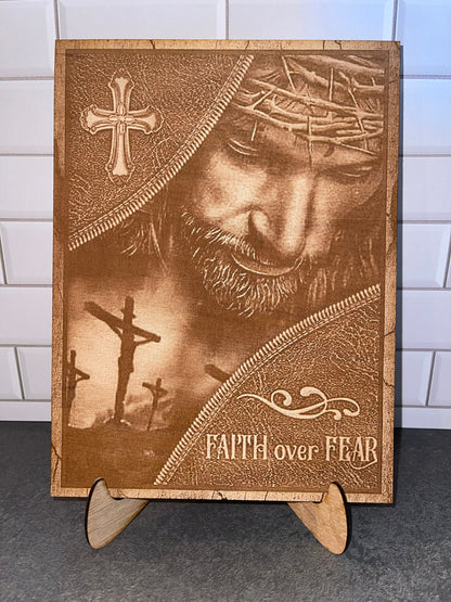 Faith Over Fear, Jesus sign, laser engraving with stand; God's son