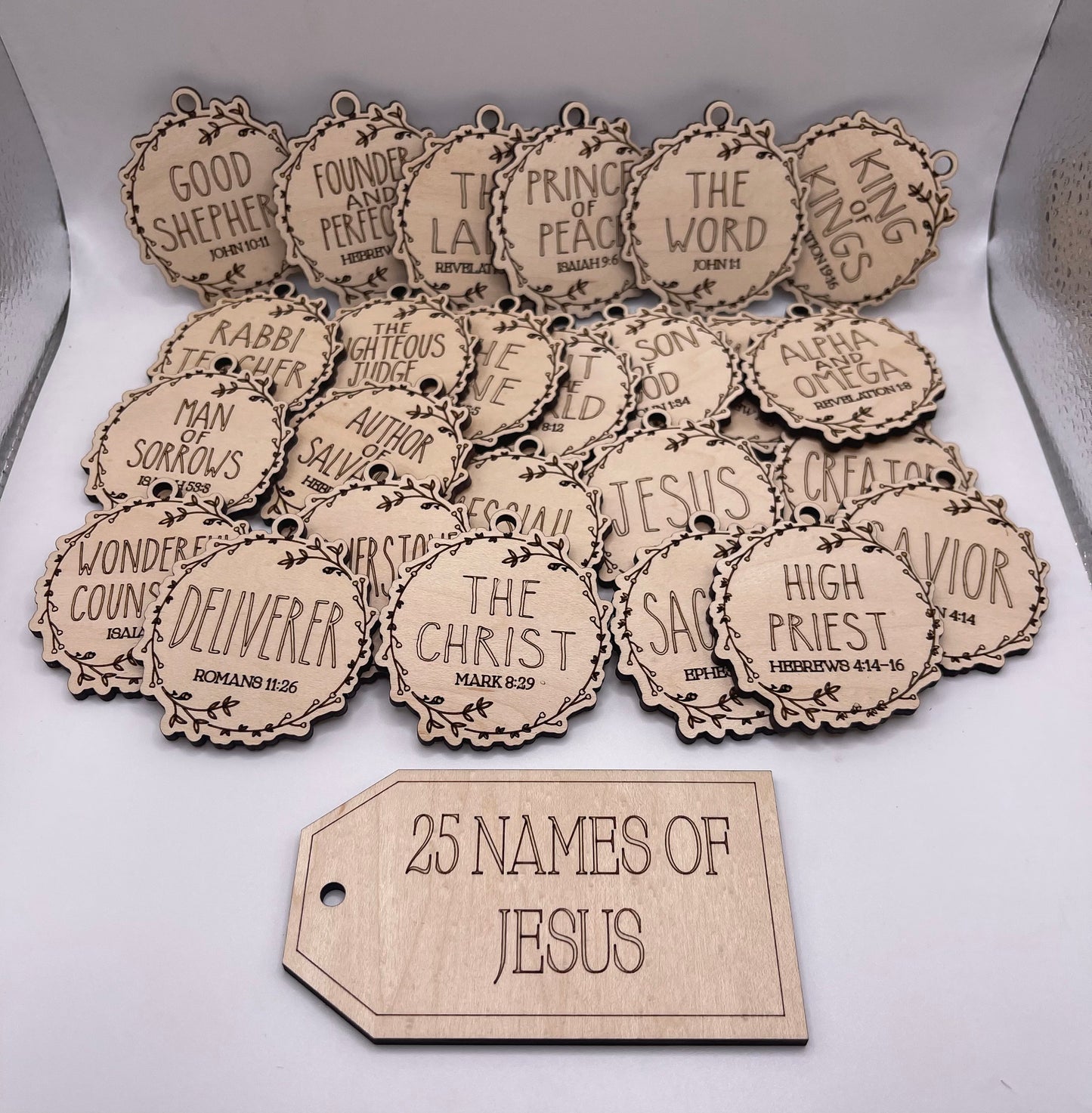 25 Names of Jesus ornaments, laser cut, Son of God, optional storage box, wood