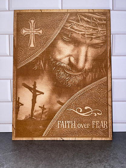 Faith Over Fear, Jesus sign, laser engraving with stand; God's son