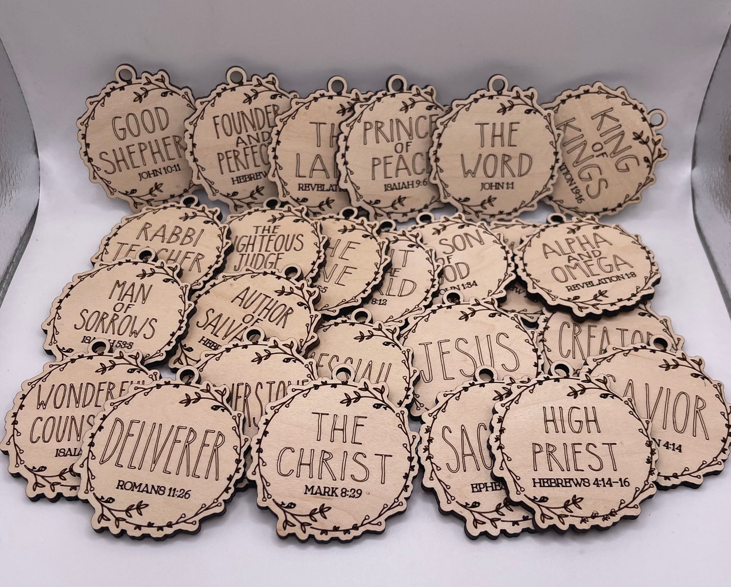 25 Names of Jesus ornaments, laser cut, Son of God, optional storage box, wood