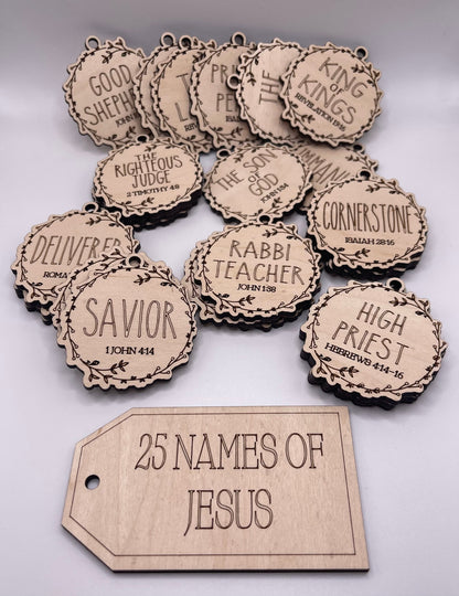 25 Names of Jesus ornaments, laser cut, Son of God, optional storage box, wood