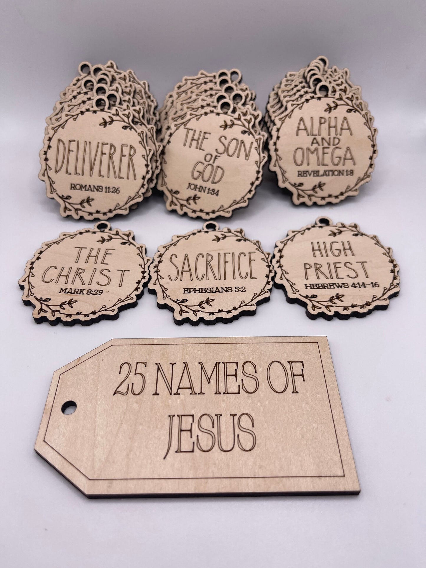 25 Names of Jesus ornaments, laser cut, Son of God, optional storage box, wood