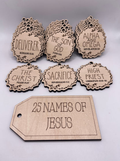 25 Names of Jesus ornaments, laser cut, Son of God, optional storage box, wood