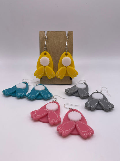 Bunny tails dangle earrings, Easter, Peter CottonTail, Rabbit Feet, Acrylic