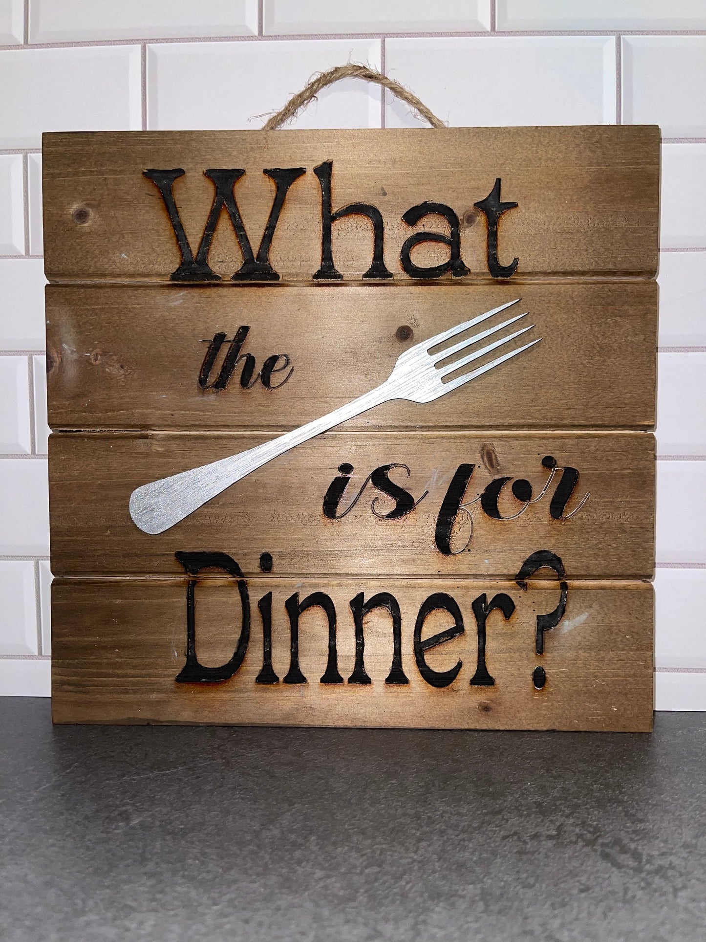 What's for dinner, kitchen sign, fork, funny, adult humor, shiplap, wall-mount, stand